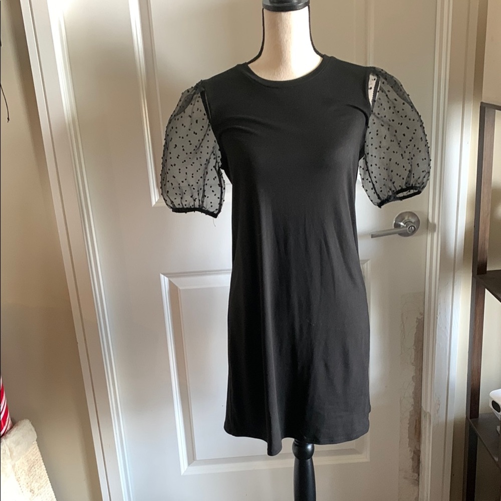 Francesca's Collections Black Dress with Sheer Polka Dot Sleeves